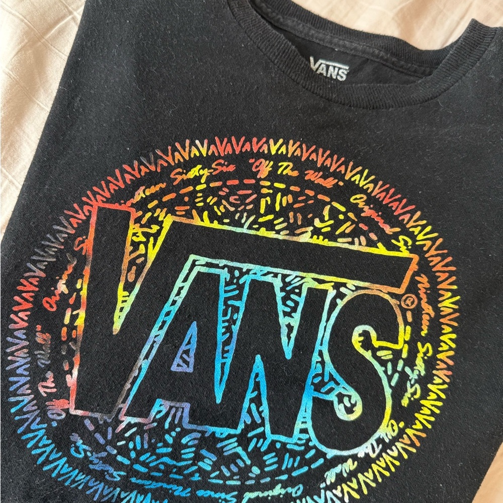 Vintage Vans Off The Wall Black T Shirt with Rainbow Logo - Small